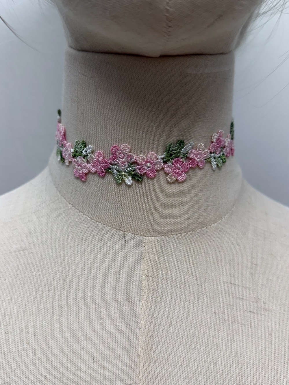 Pink Floral Lace Choker Necklace Embroidered Flowers Cottagecore Coquette